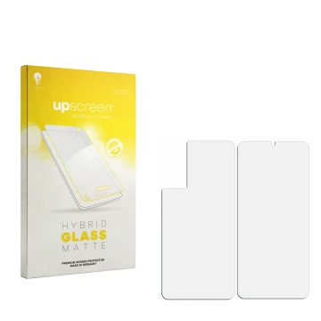 Vorderseite einer Produktverpackung mit dem Markenlogo upscreen. Daneben ist der zugehörige Displayschutz.