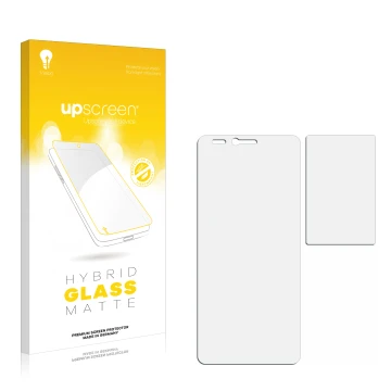 Vorderseite einer Produktverpackung mit dem Markenlogo upscreen. Daneben ist der zugehörige Displayschutz.