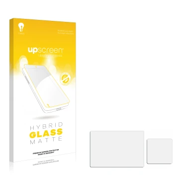 Vorderseite einer Produktverpackung mit dem Markenlogo upscreen. Daneben ist der zugehörige Displayschutz.