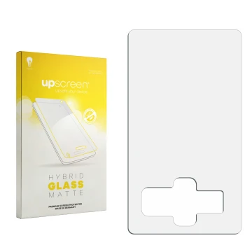 Vorderseite einer Produktverpackung mit dem Markenlogo upscreen. Daneben ist der zugehörige Displayschutz.