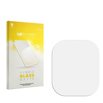 Vorderseite einer Produktverpackung mit dem Markenlogo upscreen. Daneben ist der zugehörige Displayschutz.
