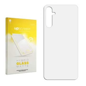Vorderseite einer Produktverpackung mit dem Markenlogo upscreen. Daneben ist der zugehörige Displayschutz.