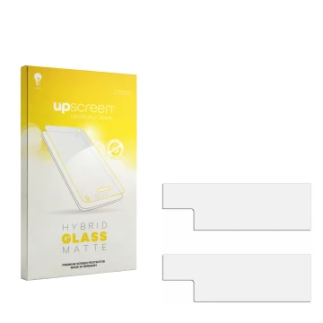 Vorderseite einer Produktverpackung mit dem Markenlogo upscreen. Daneben ist der zugehörige Displayschutz.