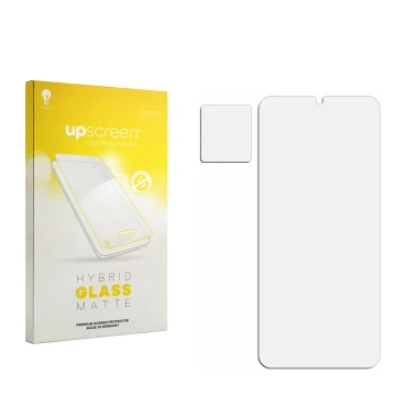 Vorderseite einer Produktverpackung mit dem Markenlogo upscreen. Daneben ist der zugehörige Displayschutz.