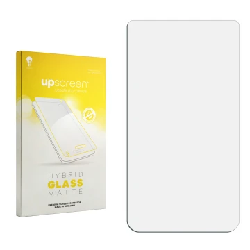 Vorderseite einer Produktverpackung mit dem Markenlogo upscreen. Daneben ist der zugehörige Displayschutz.