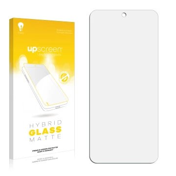Vorderseite einer Produktverpackung mit dem Markenlogo upscreen. Daneben ist der zugehörige Displayschutz.