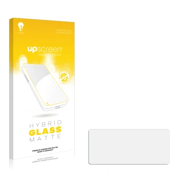 Vorderseite einer Produktverpackung mit dem Markenlogo upscreen. Daneben ist der zugehörige Displayschutz.