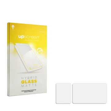 Vorderseite einer Produktverpackung mit dem Markenlogo upscreen. Daneben ist der zugehörige Displayschutz.
