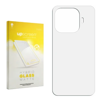 Vorderseite einer Produktverpackung mit dem Markenlogo upscreen. Daneben ist der zugehörige Displayschutz.