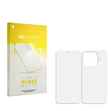 Vorderseite einer Produktverpackung mit dem Markenlogo upscreen. Daneben ist der zugehörige Displayschutz.