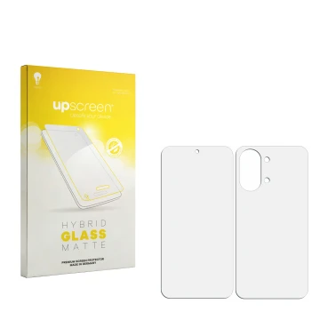 Vorderseite einer Produktverpackung mit dem Markenlogo upscreen. Daneben ist der zugehörige Displayschutz.