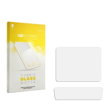 Vorderseite einer Produktverpackung mit dem Markenlogo upscreen. Daneben ist der zugehörige Displayschutz.