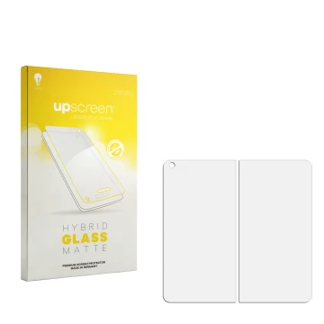 Vorderseite einer Produktverpackung mit dem Markenlogo upscreen. Daneben ist der zugehörige Displayschutz.