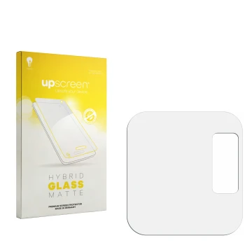 Vorderseite einer Produktverpackung mit dem Markenlogo upscreen. Daneben ist der zugehörige Displayschutz.