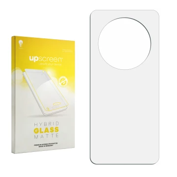 Vorderseite einer Produktverpackung mit dem Markenlogo upscreen. Daneben ist der zugehörige Displayschutz.