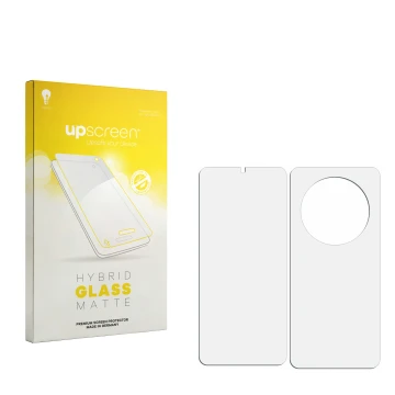 Vorderseite einer Produktverpackung mit dem Markenlogo upscreen. Daneben ist der zugehörige Displayschutz.