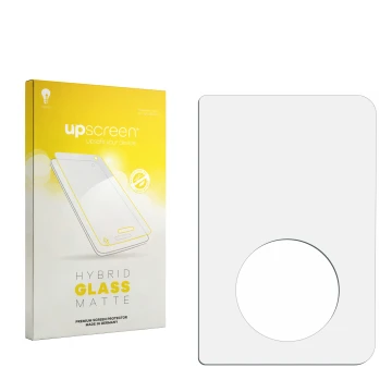 Vorderseite einer Produktverpackung mit dem Markenlogo upscreen. Daneben ist der zugehörige Displayschutz.