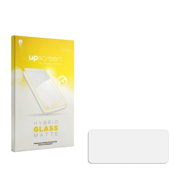 Vorderseite einer Produktverpackung mit dem Markenlogo upscreen. Daneben ist der zugehörige Displayschutz.