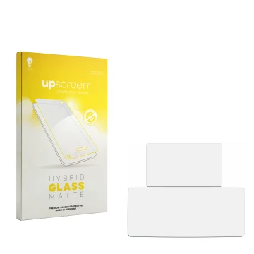 Vorderseite einer Produktverpackung mit dem Markenlogo upscreen. Daneben ist der zugehörige Displayschutz.