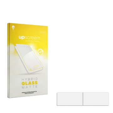 Vorderseite einer Produktverpackung mit dem Markenlogo upscreen. Daneben ist der zugehörige Displayschutz.