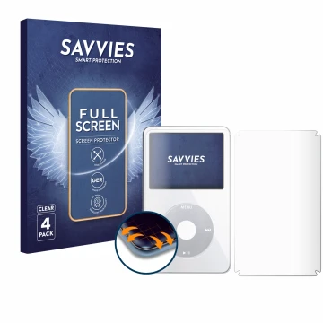 Vorderseite einer Produktverpackung mit dem Markenlogo Savvies. Daneben ist das Gerät Apple iPod Classic Video (Display+Rückse