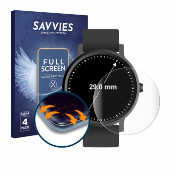 Vorderseite einer Produktverpackung mit dem Markenlogo Savvies. Daneben ist das Gerät Armbanduhren (Kreisrund, ø: 29 mm) mit d