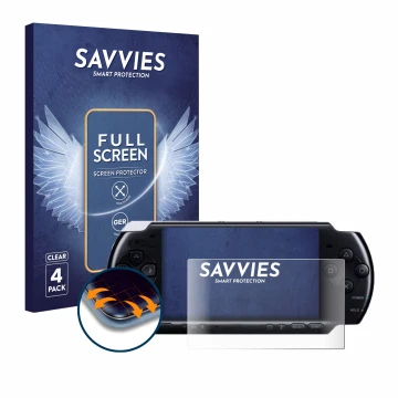 Vorderseite einer Produktverpackung mit dem Markenlogo Savvies. Daneben ist das Gerät Sony PSP 3004 mit dem zugehörigen Displa