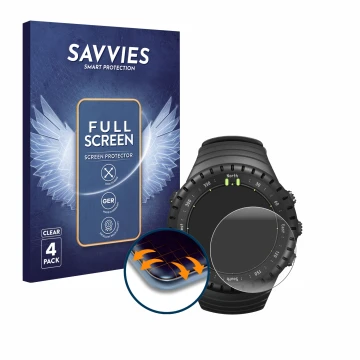 Vorderseite einer Produktverpackung mit dem Markenlogo Savvies. Daneben ist das Gerät Suunto Core All Black mit dem zugehörige