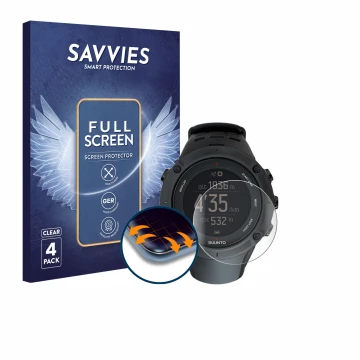 Vorderseite einer Produktverpackung mit dem Markenlogo Savvies. Daneben ist das Gerät Suunto Ambit3 Peak Black mit dem zugehör