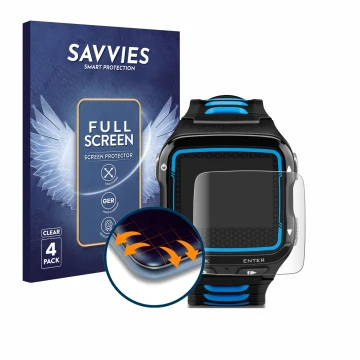 Vorderseite einer Produktverpackung mit dem Markenlogo Savvies. Daneben ist das Gerät Garmin Forerunner 920XT mit dem zugehöri
