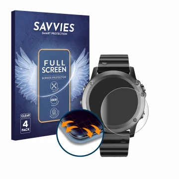 Vorderseite einer Produktverpackung mit dem Markenlogo Savvies. Daneben ist das Gerät Garmin Fenix 3 mit dem zugehörigen Displ