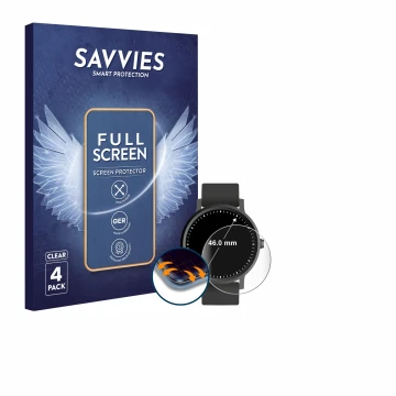 Vorderseite einer Produktverpackung mit dem Markenlogo Savvies. Daneben ist das Gerät Armbanduhren (Kreisrund, ø: 46 mm) mit d