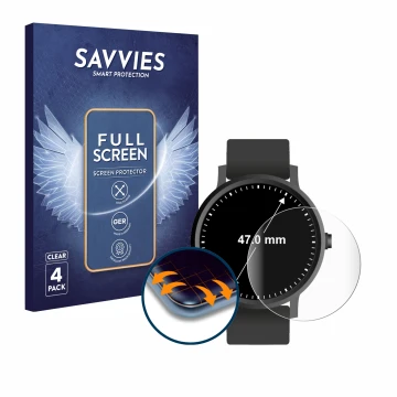 Vorderseite einer Produktverpackung mit dem Markenlogo Savvies. Daneben ist das Gerät Armbanduhren (Kreisrund, ø: 47 mm) mit d