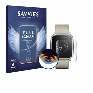 Vorderseite einer Produktverpackung mit dem Markenlogo Savvies. Daneben ist das Gerät Pebble Time Steel mit dem zugehörigen Di
