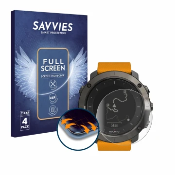Vorderseite einer Produktverpackung mit dem Markenlogo Savvies. Daneben ist das Gerät Suunto Traverse mit dem zugehörigen Disp