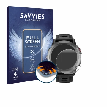 Vorderseite einer Produktverpackung mit dem Markenlogo Savvies. Daneben ist das Gerät Garmin Fenix 3 HR mit dem zugehörigen Di