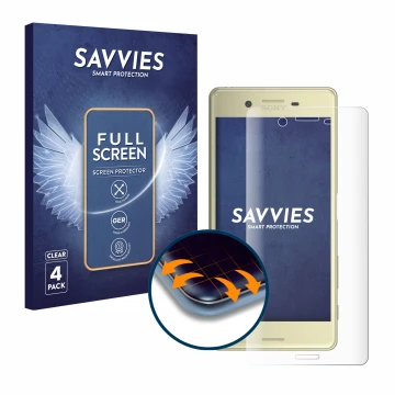 Vorderseite einer Produktverpackung mit dem Markenlogo Savvies. Daneben ist das Gerät Sony Xperia X mit dem zugehörigen Displa