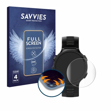 Vorderseite einer Produktverpackung mit dem Markenlogo Savvies. Daneben ist das Gerät Garmin Forerunner 735XT mit dem zugehöri