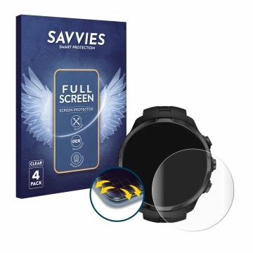Vorderseite einer Produktverpackung mit dem Markenlogo Savvies. Daneben ist das Gerät Suunto Spartan Sport Wrist HR mit dem zu