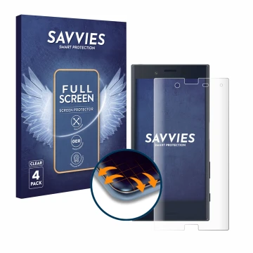 Vorderseite einer Produktverpackung mit dem Markenlogo Savvies. Daneben ist das Gerät Sony Xperia X Compact mit dem zugehörige