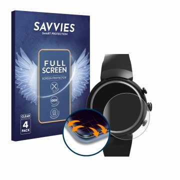 Vorderseite einer Produktverpackung mit dem Markenlogo Savvies. Daneben ist das Gerät ASUS ZenWatch 3 1.39