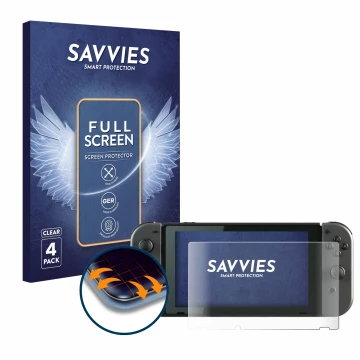 Vorderseite einer Produktverpackung mit dem Markenlogo Savvies. Daneben ist das Gerät Nintendo Switch mit dem zugehörigen Disp