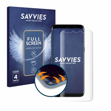 Vorderseite einer Produktverpackung mit dem Markenlogo Savvies. Daneben ist das Gerät Samsung Galaxy S8 mit dem zugehörigen Di