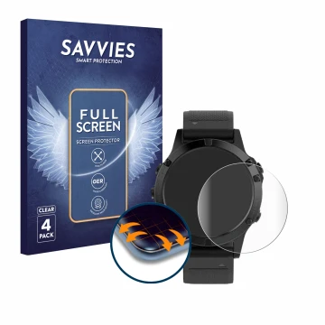 Vorderseite einer Produktverpackung mit dem Markenlogo Savvies. Daneben ist das Gerät Garmin Fenix 5 (47 mm) mit dem zugehörig