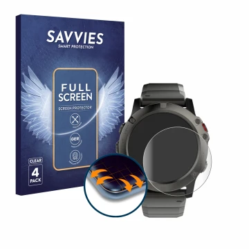 Vorderseite einer Produktverpackung mit dem Markenlogo Savvies. Daneben ist das Gerät Garmin Fenix 5X (51 mm) mit dem zugehöri