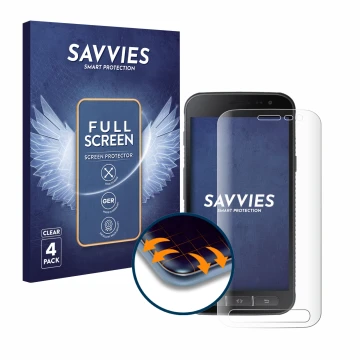 Vorderseite einer Produktverpackung mit dem Markenlogo Savvies. Daneben ist das Gerät Samsung Galaxy XCover 4 mit dem zugehöri