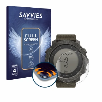 Vorderseite einer Produktverpackung mit dem Markenlogo Savvies. Daneben ist das Gerät Suunto Traverse Alpha mit dem zugehörige