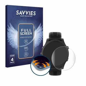 Vorderseite einer Produktverpackung mit dem Markenlogo Savvies. Daneben ist das Gerät Garmin Forerunner 935 mit dem zugehörige