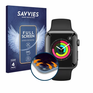 Vorderseite einer Produktverpackung mit dem Markenlogo Savvies. Daneben ist das Gerät Apple Watch Series 3 (42 mm) mit dem zug