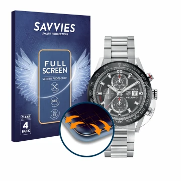 Vorderseite einer Produktverpackung mit dem Markenlogo Savvies. Daneben ist das Gerät TAG Heuer Carrera (45 mm) mit dem zugehö